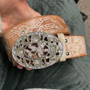 Massimo dutti Leather Belt with Silver Diamond Buckle and diamond accents
